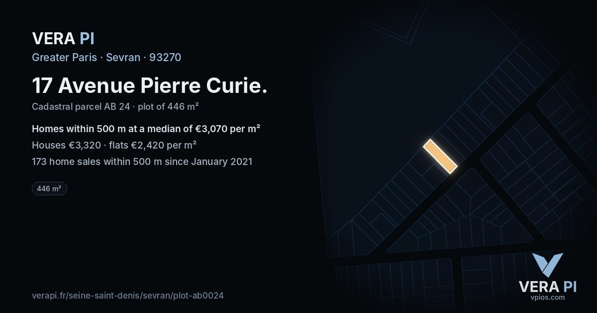 17 Avenue Pierre Curie, Sevran at night – the plot lit, the parcels around coloured by the prices near them