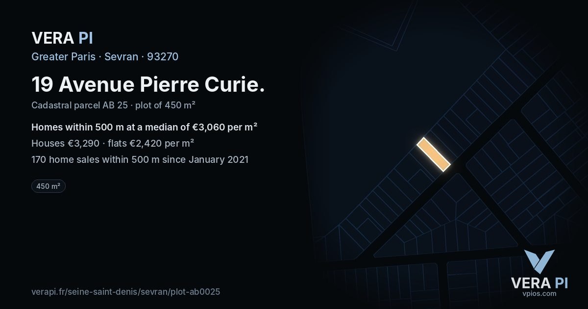 19 Avenue Pierre Curie, Sevran at night – the plot lit, the parcels around coloured by the prices near them