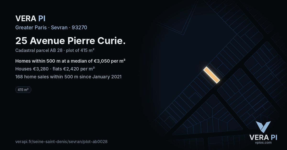 25 Avenue Pierre Curie, Sevran at night – the plot lit, the parcels around coloured by the prices near them