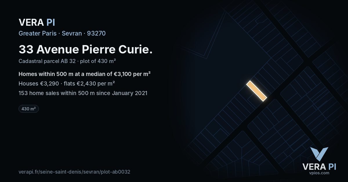 33 Avenue Pierre Curie, Sevran at night – the plot lit, the parcels around coloured by the prices near them