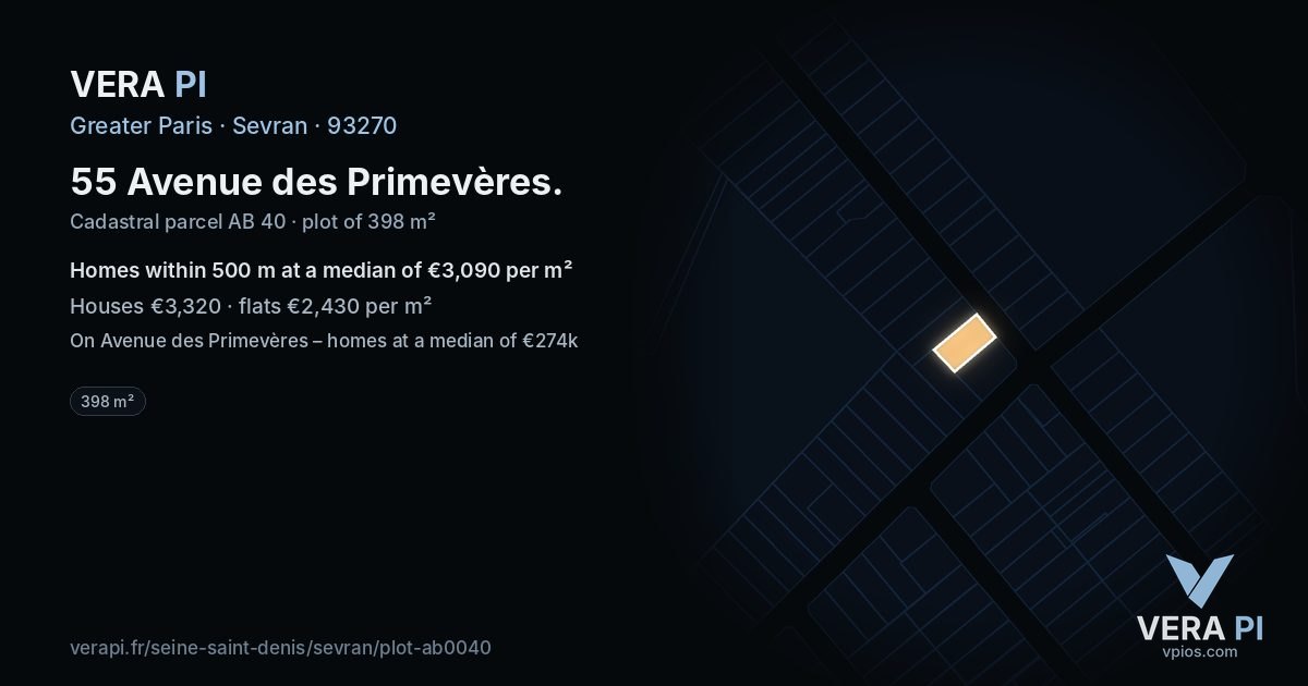 55 Avenue des Primevères, Sevran at night – the plot lit, the parcels around coloured by the prices near them