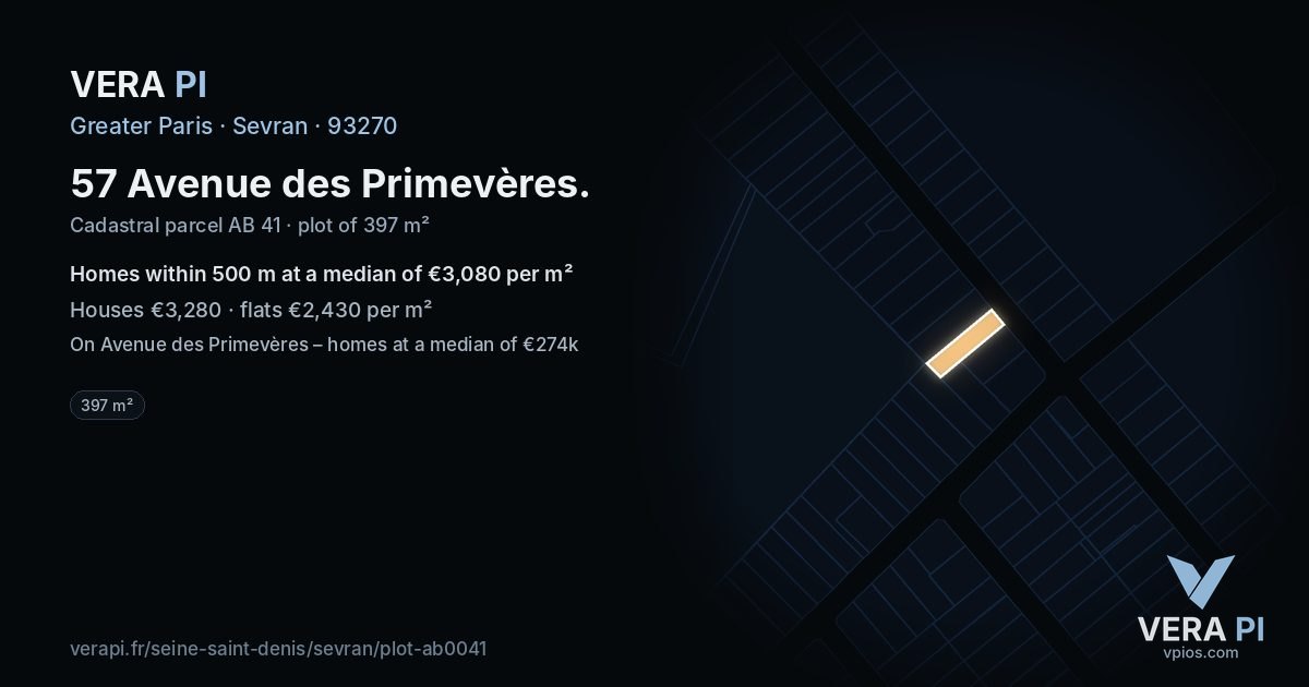 57 Avenue des Primevères, Sevran at night – the plot lit, the parcels around coloured by the prices near them