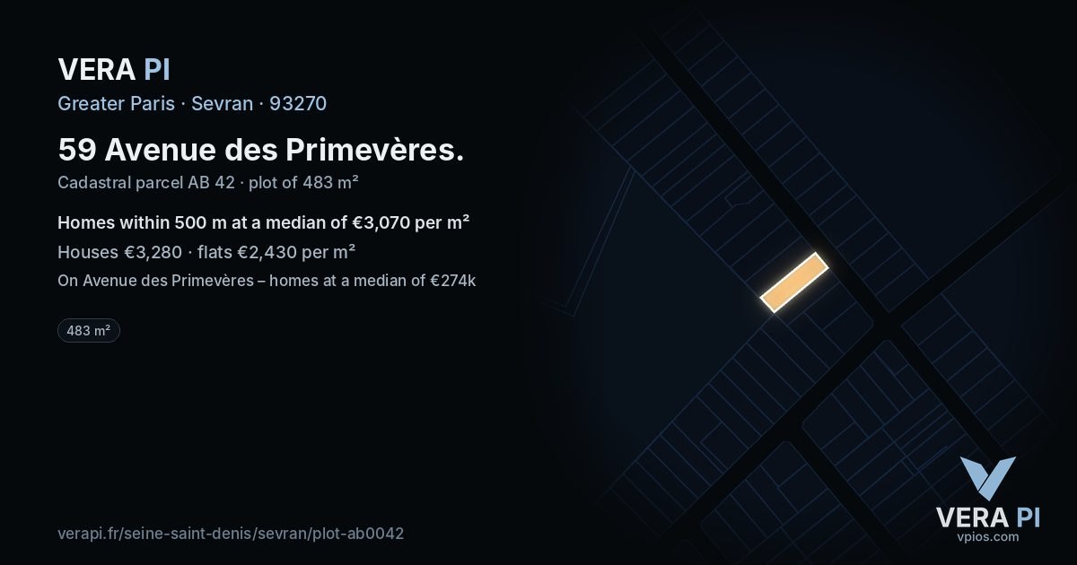 59 Avenue des Primevères, Sevran at night – the plot lit, the parcels around coloured by the prices near them