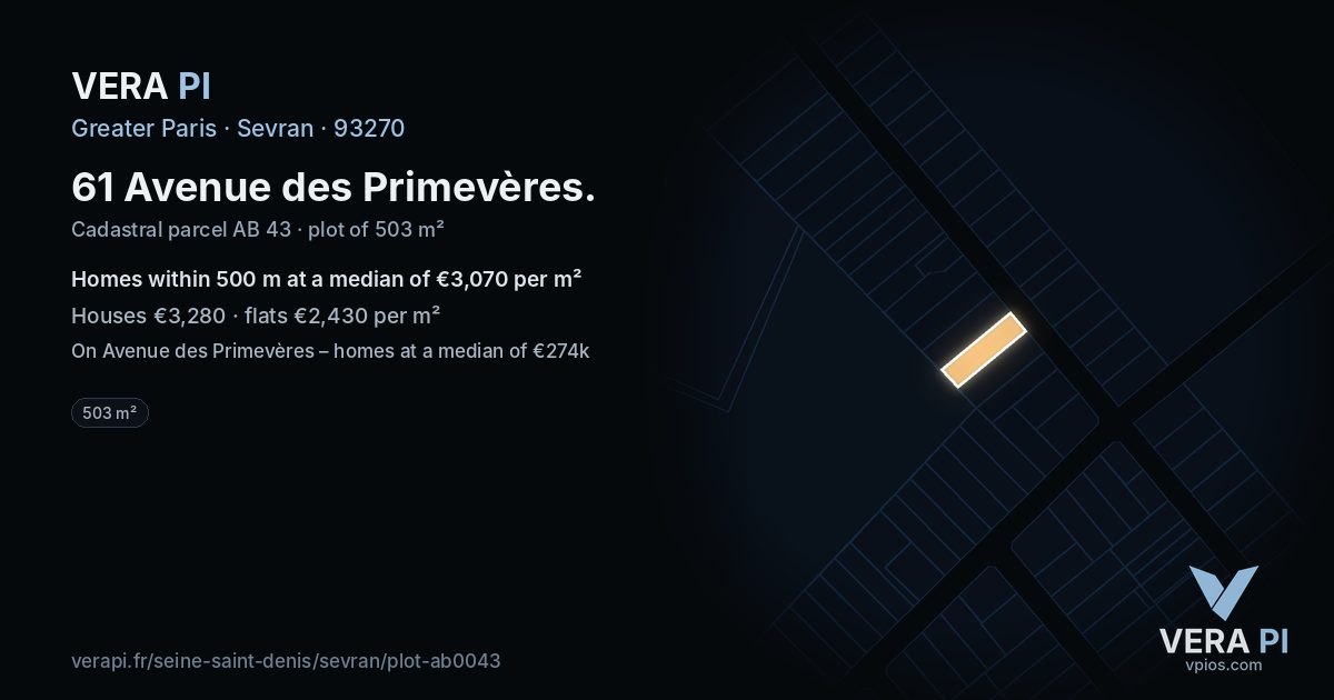 61 Avenue des Primevères, Sevran at night – the plot lit, the parcels around coloured by the prices near them