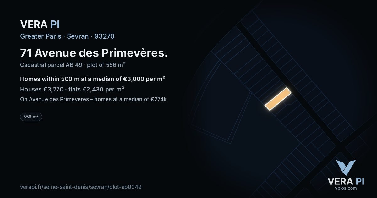 71 Avenue des Primevères, Sevran at night – the plot lit, the parcels around coloured by the prices near them