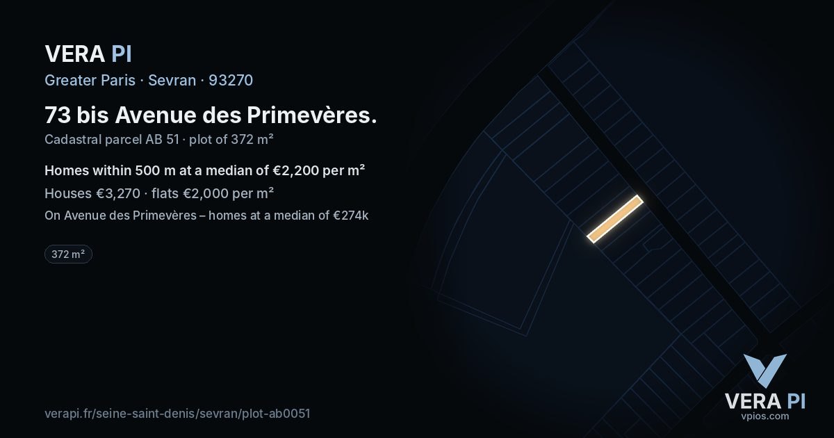 73 bis Avenue des Primevères, Sevran at night – the plot lit, the parcels around coloured by the prices near them