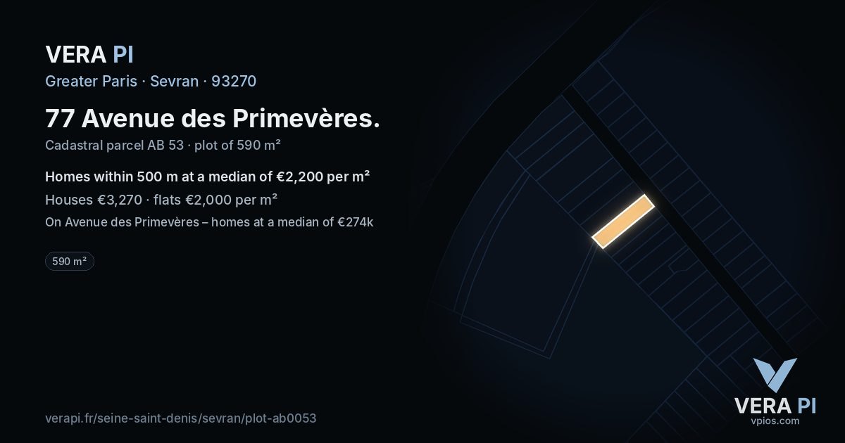 77 Avenue des Primevères, Sevran at night – the plot lit, the parcels around coloured by the prices near them