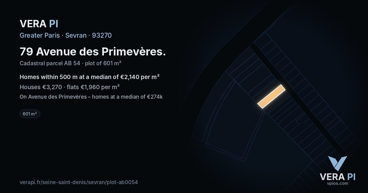 79 Avenue des Primevères, Sevran at night – the plot lit, the parcels around coloured by the prices near them