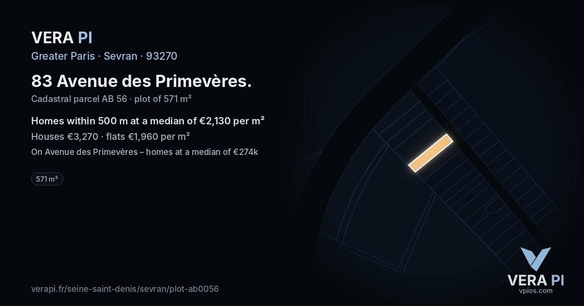 83 Avenue des Primevères, Sevran at night – the plot lit, the parcels around coloured by the prices near them
