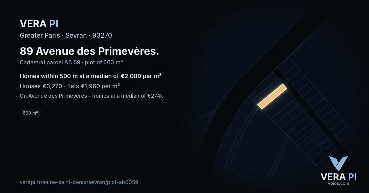 89 Avenue des Primevères, Sevran at night – the plot lit, the parcels around coloured by the prices near them