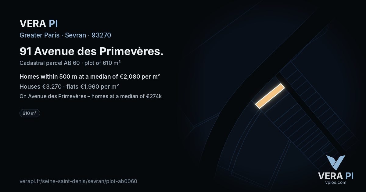 91 Avenue des Primevères, Sevran at night – the plot lit, the parcels around coloured by the prices near them
