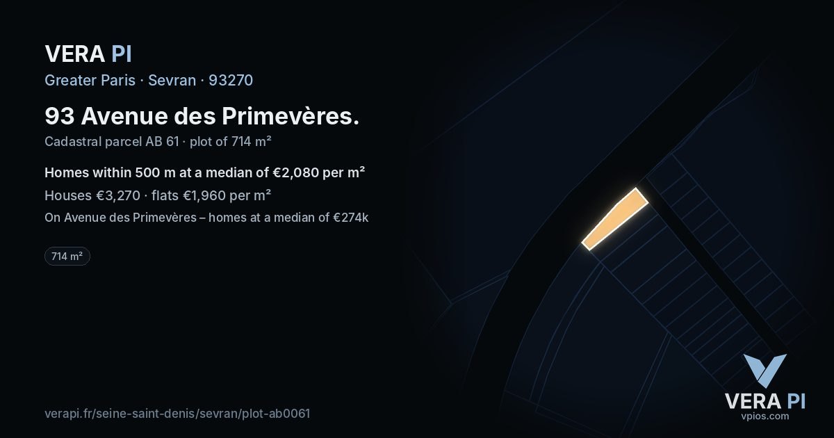 93 Avenue des Primevères, Sevran at night – the plot lit, the parcels around coloured by the prices near them