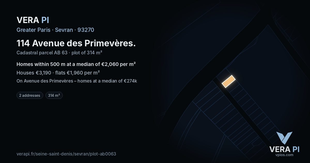 114 Avenue des Primevères, Sevran at night – the plot lit, the parcels around coloured by the prices near them