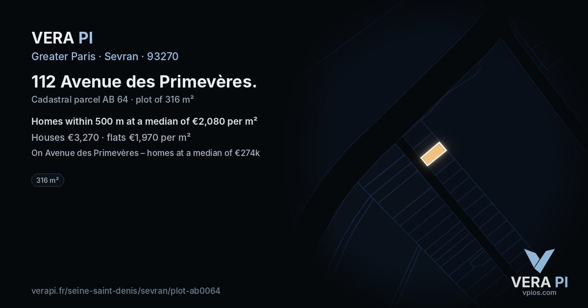 112 Avenue des Primevères, Sevran at night – the plot lit, the parcels around coloured by the prices near them