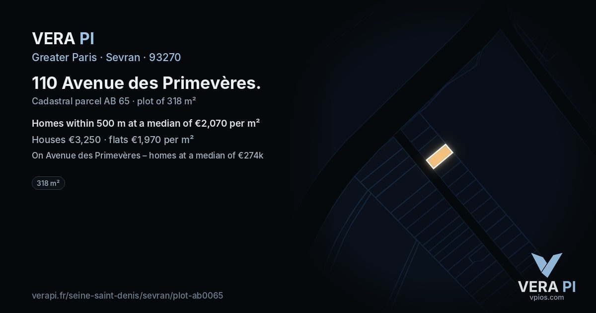 110 Avenue des Primevères, Sevran at night – the plot lit, the parcels around coloured by the prices near them