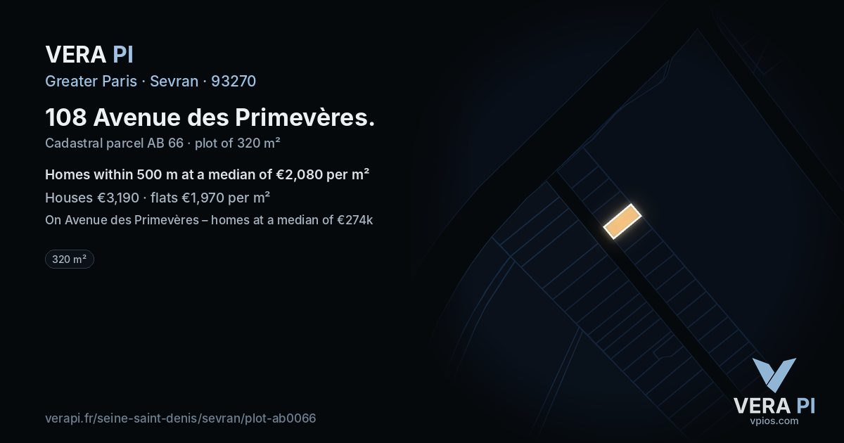108 Avenue des Primevères, Sevran at night – the plot lit, the parcels around coloured by the prices near them