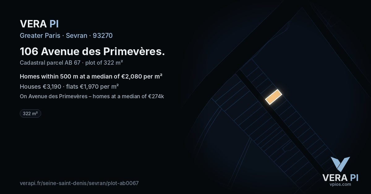 106 Avenue des Primevères, Sevran at night – the plot lit, the parcels around coloured by the prices near them