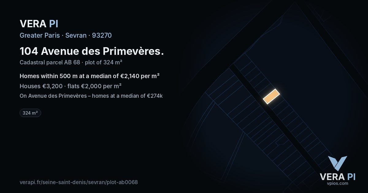 104 Avenue des Primevères, Sevran at night – the plot lit, the parcels around coloured by the prices near them