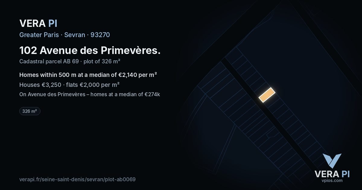 102 Avenue des Primevères, Sevran at night – the plot lit, the parcels around coloured by the prices near them
