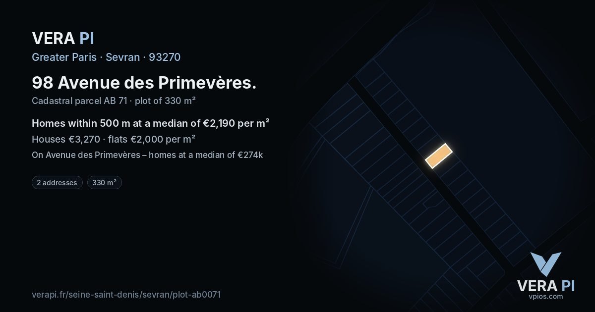 98 Avenue des Primevères, Sevran at night – the plot lit, the parcels around coloured by the prices near them