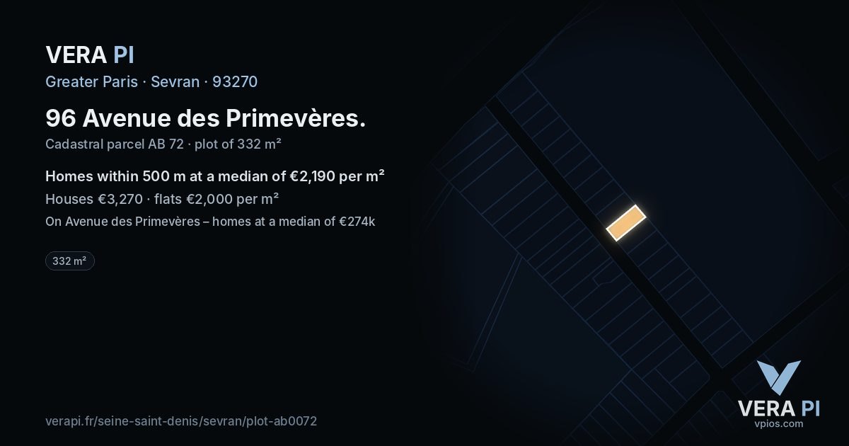 96 Avenue des Primevères, Sevran at night – the plot lit, the parcels around coloured by the prices near them
