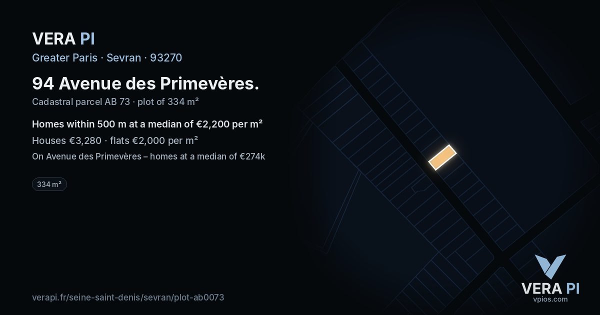 94 Avenue des Primevères, Sevran at night – the plot lit, the parcels around coloured by the prices near them