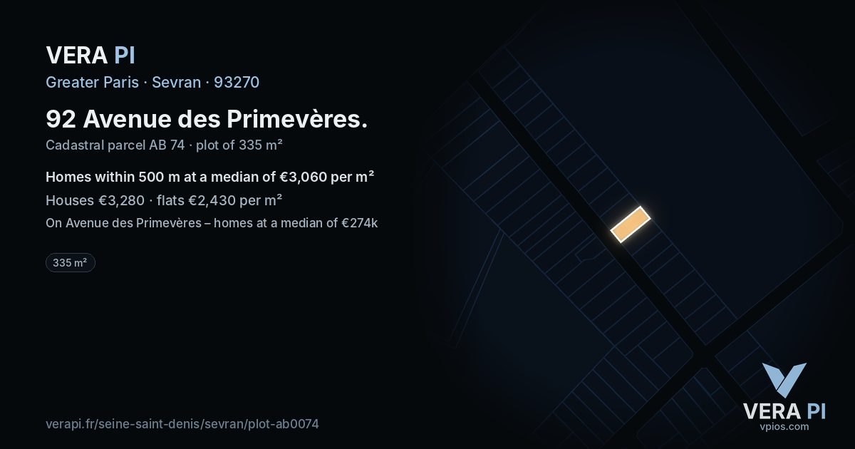 92 Avenue des Primevères, Sevran at night – the plot lit, the parcels around coloured by the prices near them