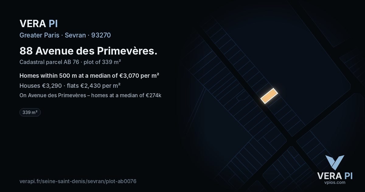 88 Avenue des Primevères, Sevran at night – the plot lit, the parcels around coloured by the prices near them