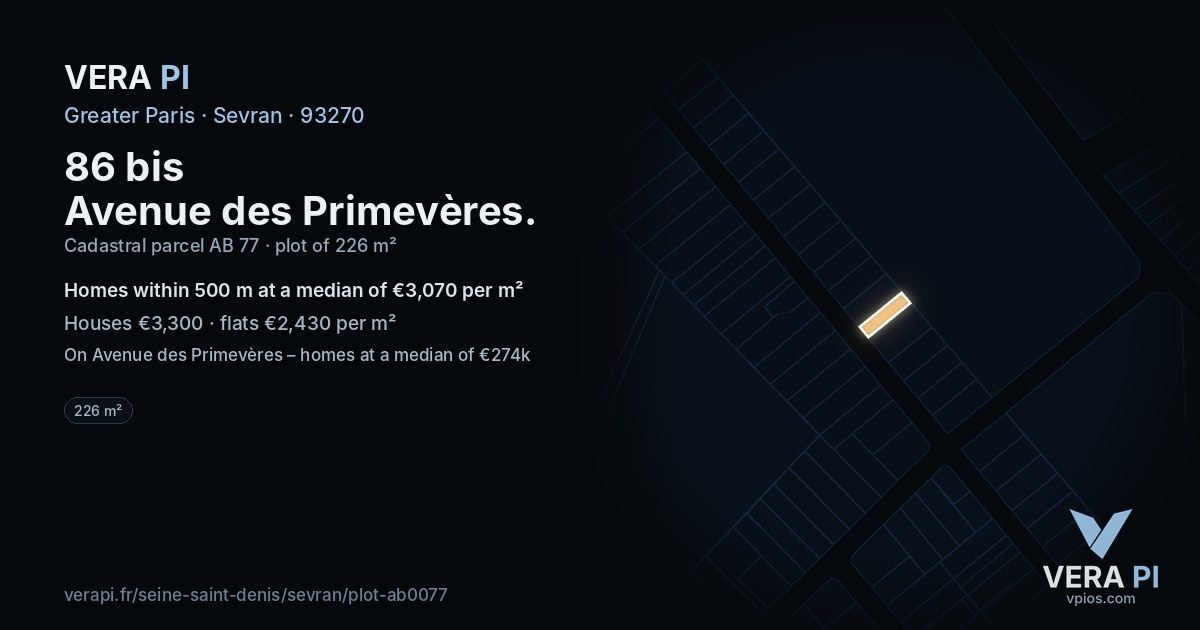 86 bis Avenue des Primevères, Sevran at night – the plot lit, the parcels around coloured by the prices near them