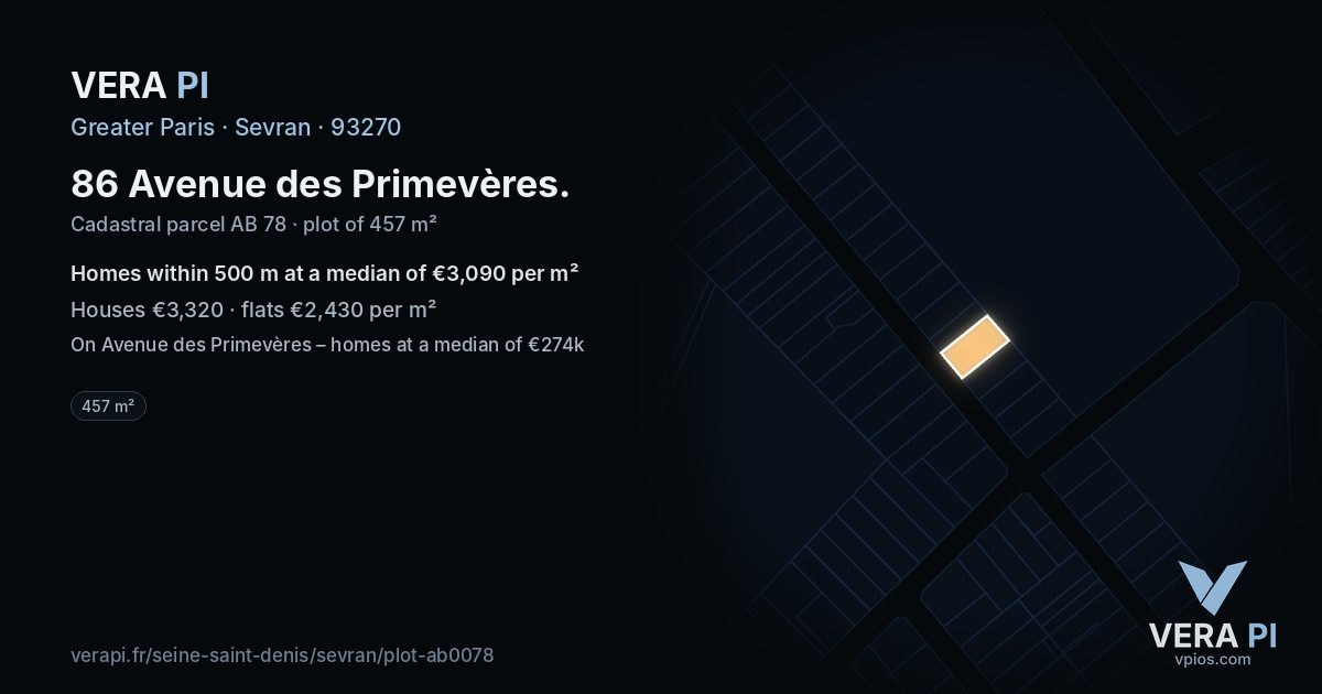 86 Avenue des Primevères, Sevran at night – the plot lit, the parcels around coloured by the prices near them