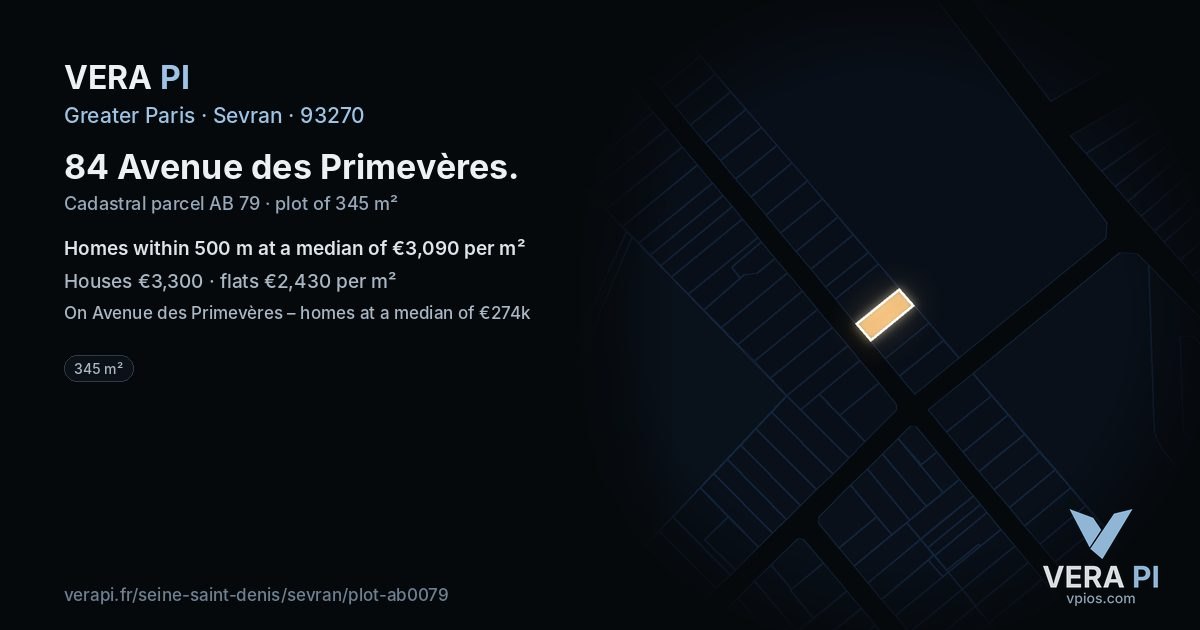 84 Avenue des Primevères, Sevran at night – the plot lit, the parcels around coloured by the prices near them