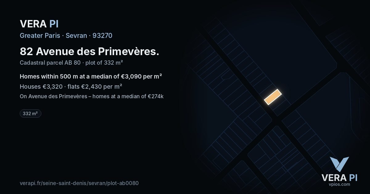 82 Avenue des Primevères, Sevran at night – the plot lit, the parcels around coloured by the prices near them