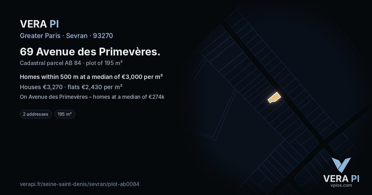 69 Avenue des Primevères, Sevran at night – the plot lit, the parcels around coloured by the prices near them