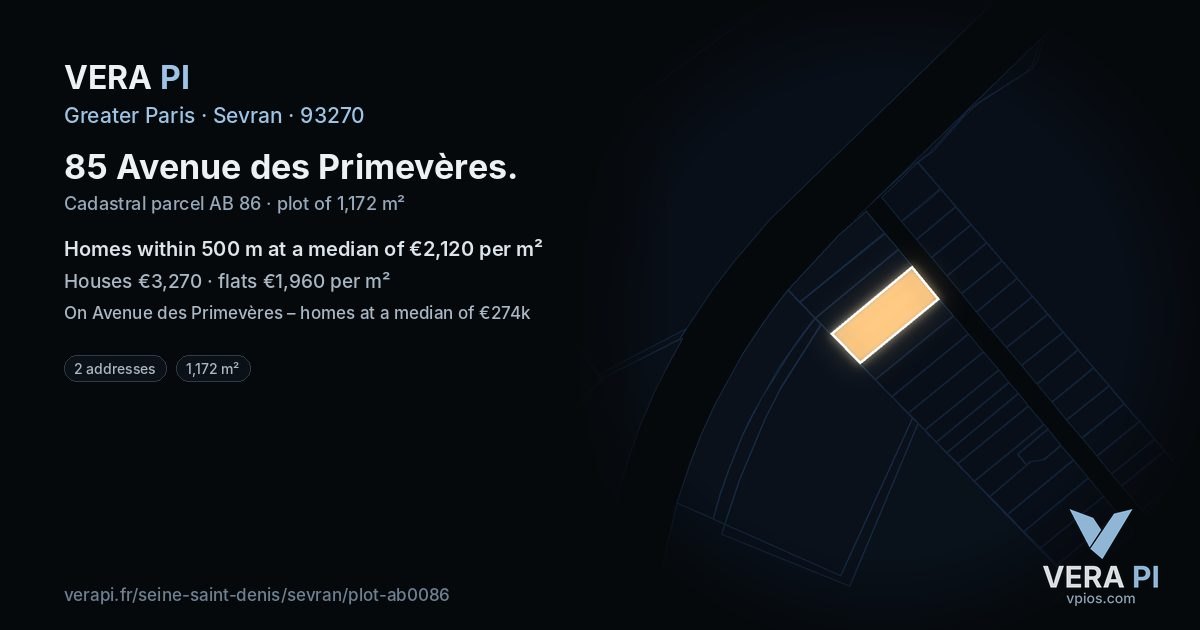 85 Avenue des Primevères, Sevran at night – the plot lit, the parcels around coloured by the prices near them