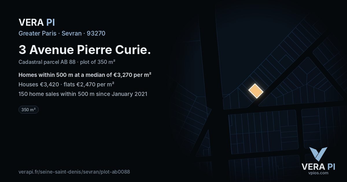 3 Avenue Pierre Curie, Sevran at night – the plot lit, the parcels around coloured by the prices near them