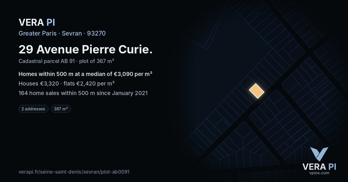 29 Avenue Pierre Curie, Sevran at night – the plot lit, the parcels around coloured by the prices near them