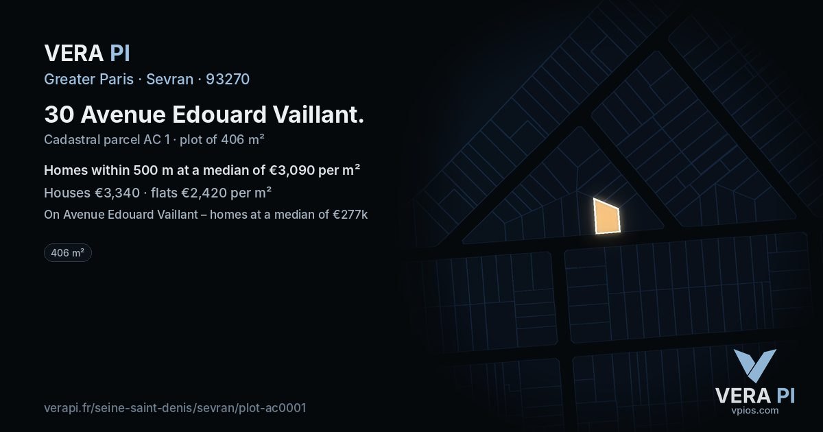 30 Avenue Edouard Vaillant, Sevran at night – the plot lit, the parcels around coloured by the prices near them