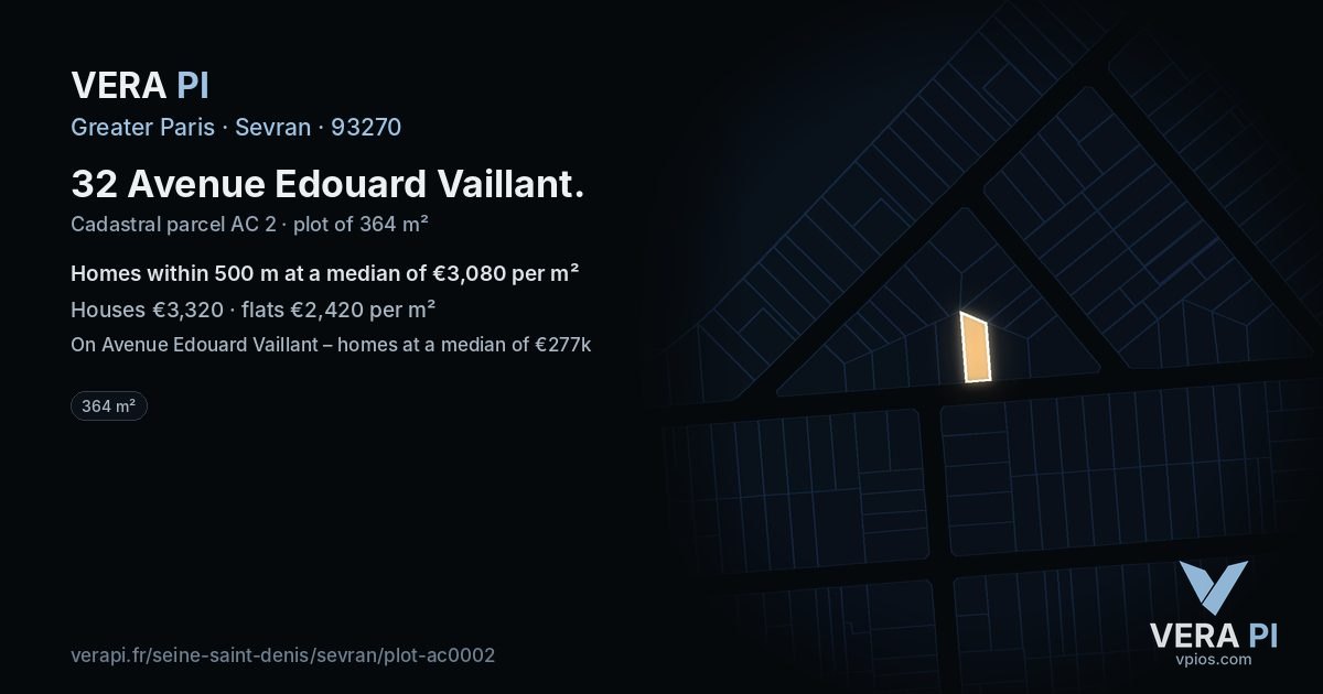 32 Avenue Edouard Vaillant, Sevran at night – the plot lit, the parcels around coloured by the prices near them