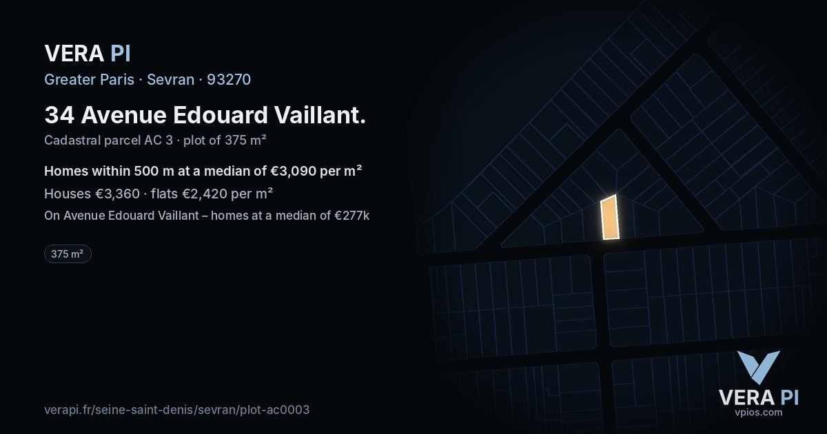 34 Avenue Edouard Vaillant, Sevran at night – the plot lit, the parcels around coloured by the prices near them