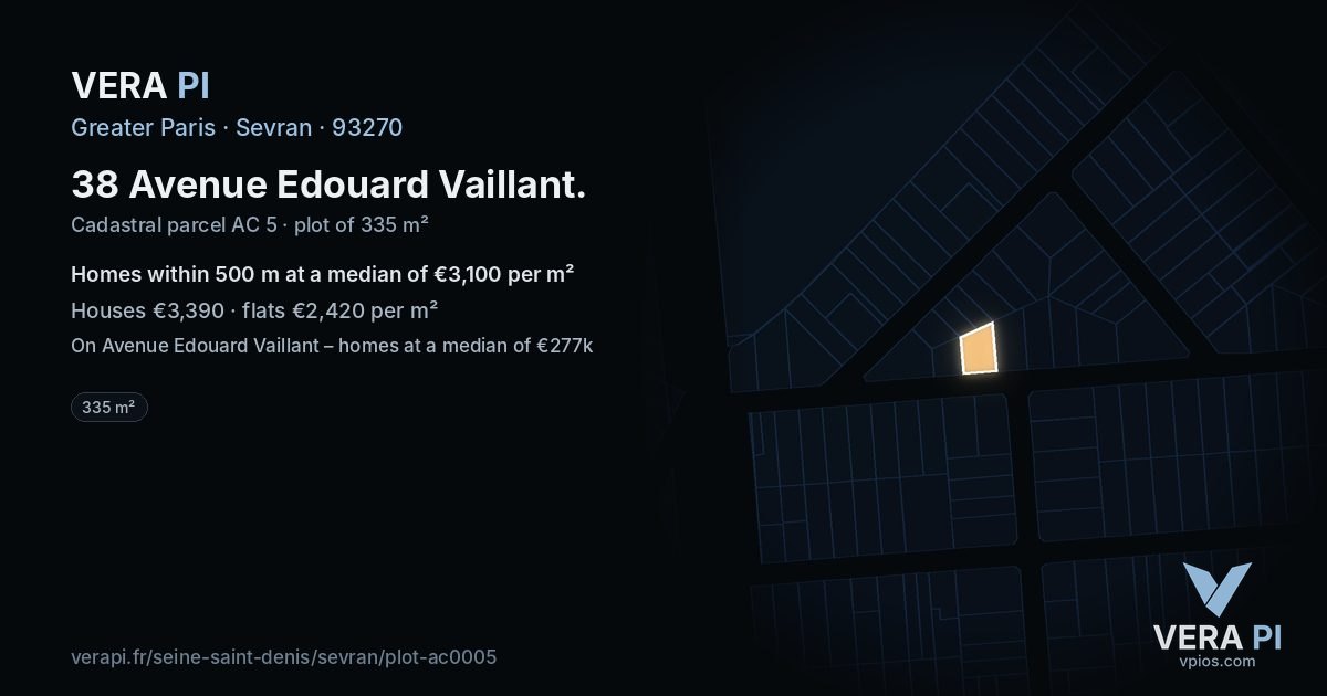 38 Avenue Edouard Vaillant, Sevran at night – the plot lit, the parcels around coloured by the prices near them