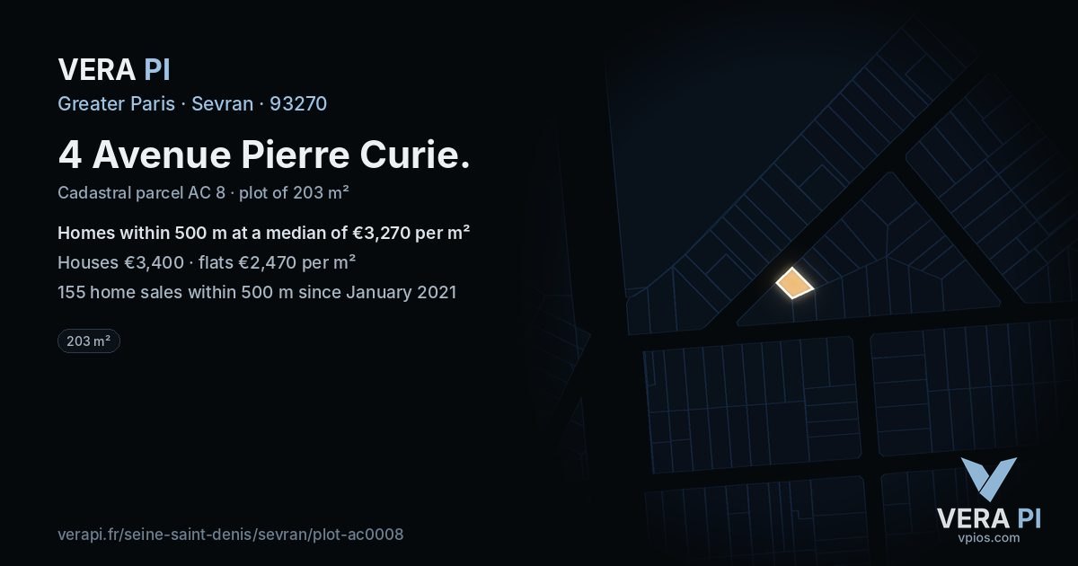 4 Avenue Pierre Curie, Sevran at night – the plot lit, the parcels around coloured by the prices near them