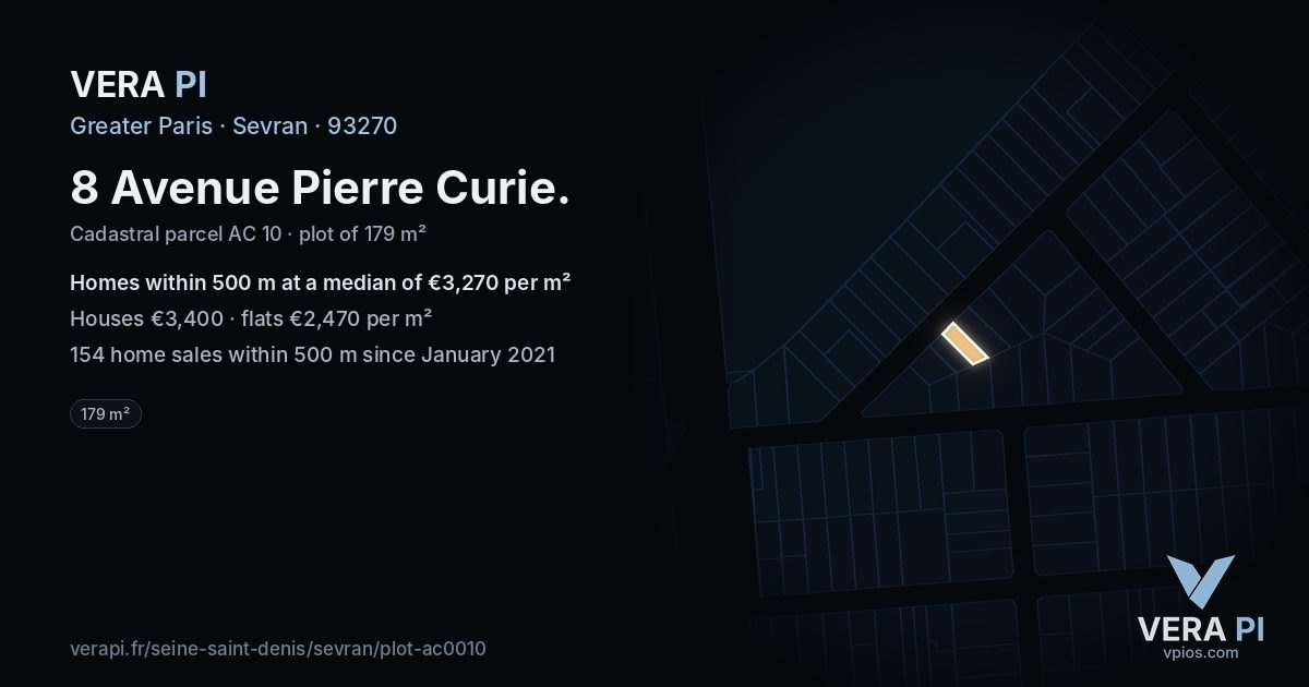 8 Avenue Pierre Curie, Sevran at night – the plot lit, the parcels around coloured by the prices near them