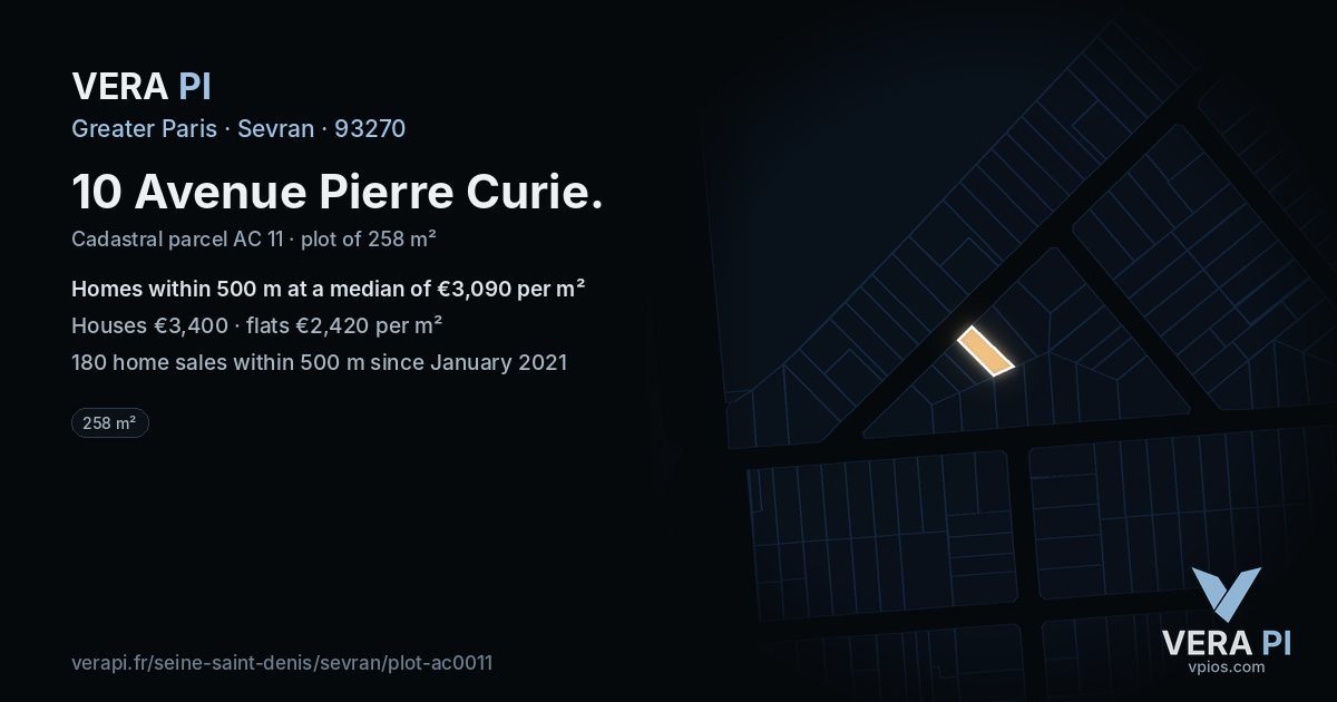 10 Avenue Pierre Curie, Sevran at night – the plot lit, the parcels around coloured by the prices near them
