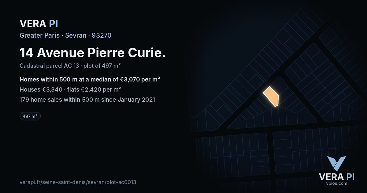 14 Avenue Pierre Curie, Sevran at night – the plot lit, the parcels around coloured by the prices near them