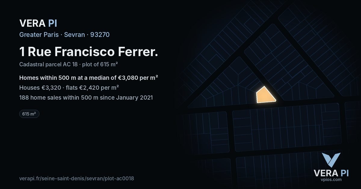 1 Rue Francisco Ferrer, Sevran at night – the plot lit, the parcels around coloured by the prices near them