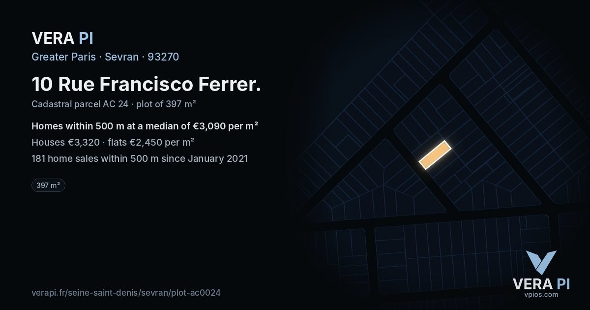 10 Rue Francisco Ferrer, Sevran at night – the plot lit, the parcels around coloured by the prices near them