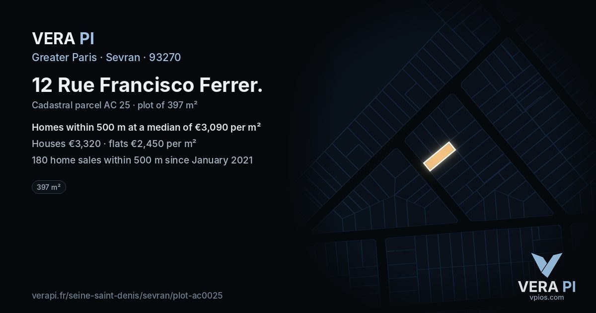12 Rue Francisco Ferrer, Sevran at night – the plot lit, the parcels around coloured by the prices near them