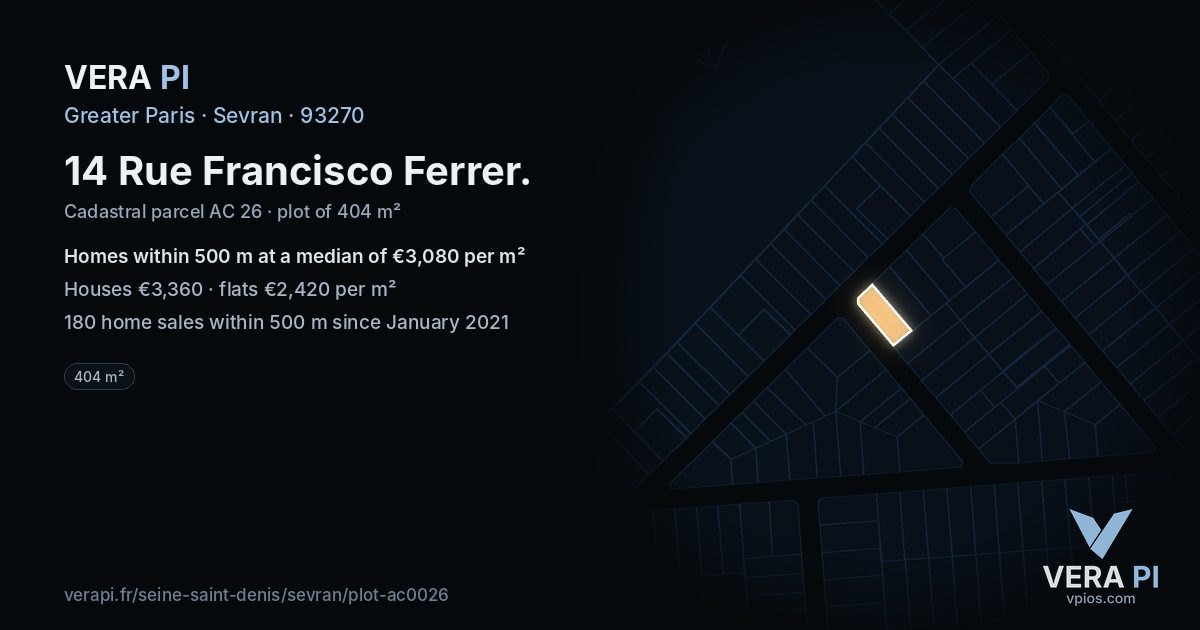 14 Rue Francisco Ferrer, Sevran at night – the plot lit, the parcels around coloured by the prices near them