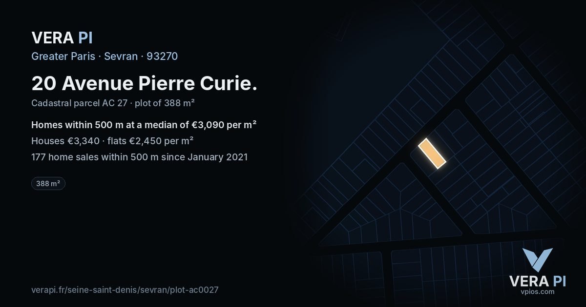 20 Avenue Pierre Curie, Sevran at night – the plot lit, the parcels around coloured by the prices near them