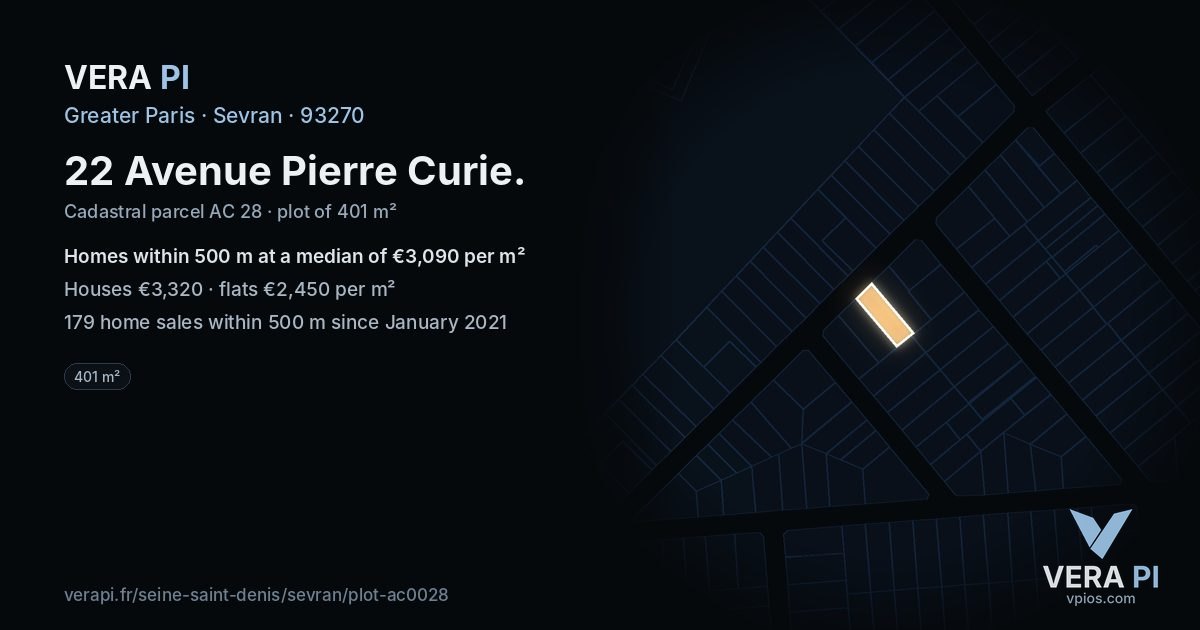 22 Avenue Pierre Curie, Sevran at night – the plot lit, the parcels around coloured by the prices near them